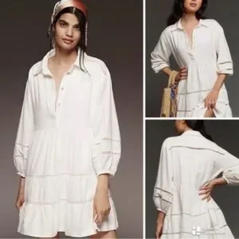 Anthropologie Maeve Bettina Linen Tiered Mini Shirt Dress Size L